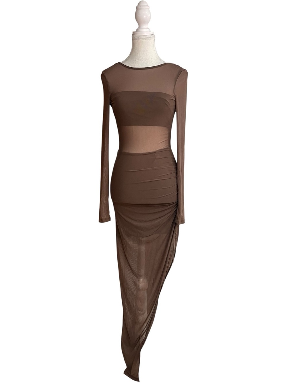 Lulus Alluring Silhouette Backless Asymmetrical Sheer Mesh Maxi Dress Brown